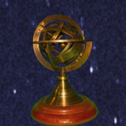 An armillary sphere set against a starry background