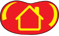 An image of a jellybean stamped with a glyph representing 'Home'